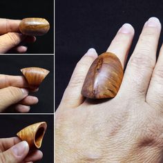 four different pictures of a snail shell on someone's hand, including the shell