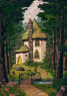 a painting of a house in the woods with a bridge leading to it and flowers growing on the ground