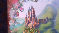 a painting of a castle surrounded by flowers and greenery on the side of a hill