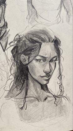 a pencil drawing of a woman's head and shoulders