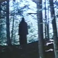 a blurry image of a person standing in the woods