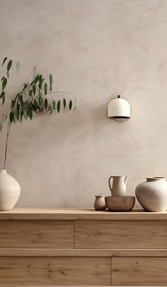 vases and bowls sit on a shelf in front of a wall with a potted plant