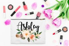 personalized makeup bag with flowers and lipstick