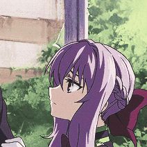 two anime characters standing next to each other in front of some trees and bushes, one with long purple hair