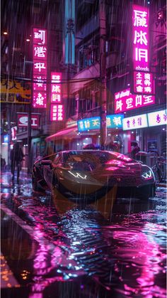 a car is parked in the rain on a city street with neon signs and buildings