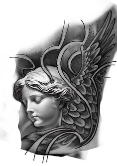 a black and white photo of a woman's face with wings on her arm