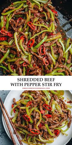 shredded beef with pepper stir fry on a white plate next to chopsticks and green peppers