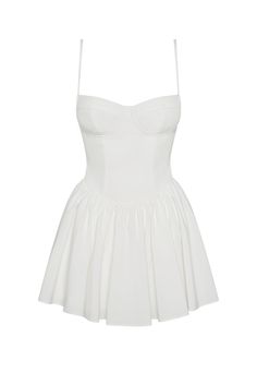 Discover the epitome of femininity in our Bellini Bustier Mini Dress. This classic, white mini dress is complimented with wire bustier cups, side pockets and cinching waistline which effortless skims down the body to a flared skirt hemline. The mini length makes it a fun and flirty dress perfect for any summer occasion! Sabrina Carpenter White, Bday Dresses, Sabrina Concert, Bustier Mini Dress, Ballerina Dress, Flirty Dresses, Trendy Dress, Bustier Dress, Dress Inspo