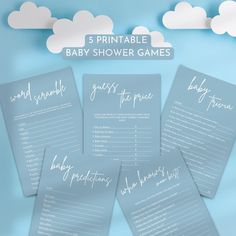 5 printable baby shower games with clouds in the background and white writing on blue paper