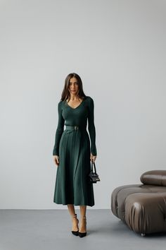 Belted comfy knitted winter dress in Emerald color. Green winter dress. Emerald green warm fall winter sweaterdress with pleated skirt. Material: 80% cotton 20% viscose Colors: Black, Emerald Green, Sage Green, Milky White, Beige Sizes:  XS-S- 115cm S-M-118cm M-L-121 cm L-XL-123 cm Model on the Photo: 173 cm-5.67 feet, S size PRODUCT CARE: - It is recommended to handwash 30oC. -twist carefully  -cotton knit fabric needs gentle care. FREE DELIVERY USA and CANADA. If you need our help in any quest Forest Green Winter Outfits, Midi Christmas Dress, Guest Wedding Outfits Winter, Evergreen Outfits For Women, Preppy Winter Dresses, Emerald Skirt Outfit, Wearing Dresses In Winter, Cold Dress Outfit, Fall Outfit Color Palette