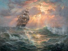 a painting of a ship in rough seas