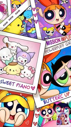 the powerpuff girls wallpapers are all in different colors and sizes, with cartoon characters on them