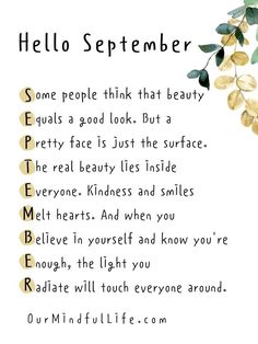 a poem written in the language hello september on white paper with green leaves and gold foil