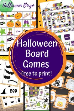 halloween board games for kids to print and play on the table with text overlay