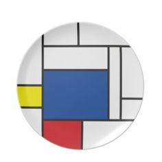 a plate with an abstract design on the front and side, in blue, red, yellow and white