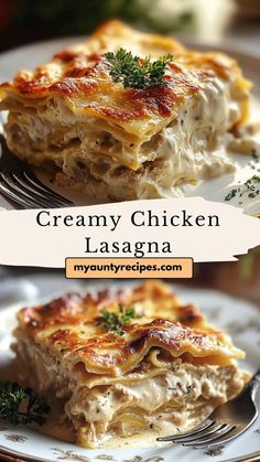 creamy chicken lasagna on a plate with a fork