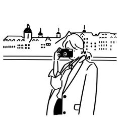 a person taking a photo with a camera in front of a cityscape, black and white