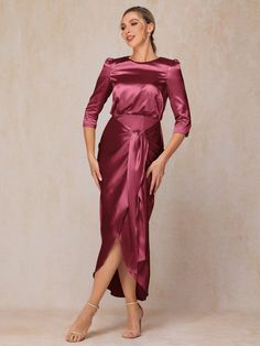 Burgundy Satin Wedding Guest Dress, Detachable Dress, Ankle Length Dress, Half Sleeve Dresses, Wedding Guest Dresses, Sleeves Dress, Mother Of The Bride Dress, Satin Wedding, Dress Purchase