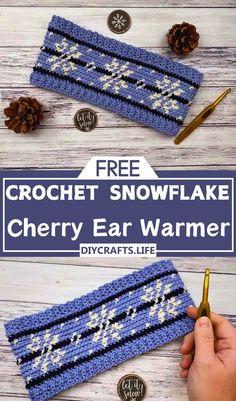 crochet snowflake cherry ear warmer with text overlay that reads, free crochet snowflake cherry ear warmer