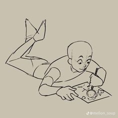 a drawing of a man laying on the ground with a pen and paper in his hand