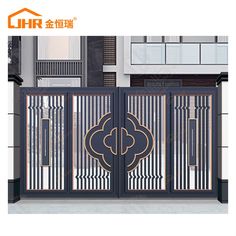 an iron gate with decorative designs on the front and side panels in black, gold and white