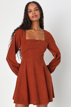 Daily Affection Rust Orange Corduroy Mini Dress With Pockets Fall Dress Patterns, Rust Brown Outfit, Thanksgiving Outfits Women Dresses, Winter Dresses Casual, Printed Frocks For Women, Frock Suit Ideas, Cute Winter Dresses, Casual Fall Dresses, Copper Autumn