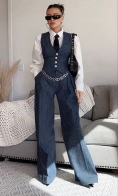 Pinstripe Wide Leg 2-piece Suit (PRE-ORDER) – Luxandluxy Mode Harajuku, Princesa Sophia, Fashion 90s, 90's Fashion, Pinstripe Suit, Sweater Dress Women, Vest Outfits, Professional Outfits, New Classic