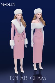 the model is wearing a pink dress and white hat with fur stoler on her head