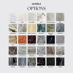 marble options in different colors and sizes