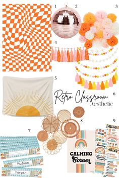 an orange and white collage with different items in the background, including paper goods