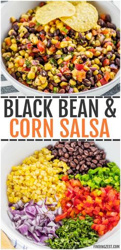 black bean and corn salsa in a white bowl with tortilla chips on the side