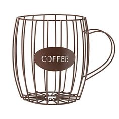 a coffee mug with the word coffee on it in a wire cup holder that is brown