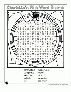 the word search page for charlotte's web word search is shown in black and white