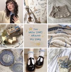 a collage of pictures with various items including clothing, shoes, and other things