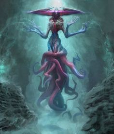 a woman with an octopus like body and head is standing in the middle of a cave