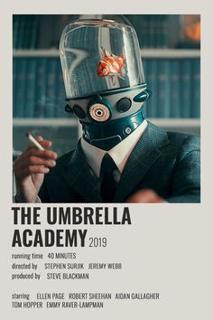 the umbrella academy poster shows a man in a suit with a fish on his head