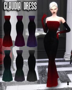 a woman in a black and red dress standing next to some white pillars with the caption claudia dress