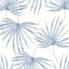 a blue and white wallpaper with palm leaves on the back drop in shades of light blue