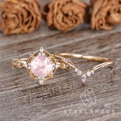 Rose Quartz Bridal Set 2pcs Art Deco Engagement Ring Pink Quartz Stacking Ring Chevron Ring Birthstone Flower Vine Ring Vintage Style Gift * Ring Material: solid 14k gold (can select from rose gold, yellow gold, and also white gold) * Center Stone: Natural Rose Quartz * Center Stone Size: 7mm * Side Stone: Natural Diamonds or Colorless Moissanite, about 0.22ct * Bandwidth: 1.8mm 2-3 WEEKS PROCESSING TIME MADE IN US * Shipping * FREE SHIPPING WITHIN USA! * Certificate * All the items will come wi Rose Quartz And Diamond Engagement Ring, Rose Engagement Ring Vintage, Rose Quartz Engagement Ring, Engagement Ring Pink, Rose Quartz Ring Engagement, Pink Engagement Ring, Vine Ring, Deco Rose, Pear Shaped Engagement Rings