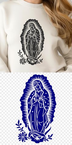 an image of the virgin mary in blue and white on a woman's sweatshirt