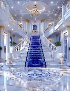 an elegant staircase with blue carpet and chandelier in the middle is surrounded by white walls