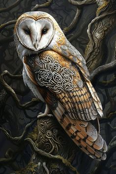 an owl sitting on top of a tree branch in front of some leaves and branches