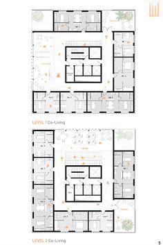 two floor plans showing the different levels of each building, and how they are connected to each other