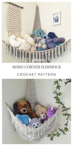 two pictures of stuffed animals in a hammock and crochet pattern hanging on the wall