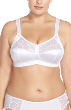 Sumptuous satin and scrolling details elevate the aesthetics of this bra with supportive three-part cups that provide beautiful full-figure lift. Style Name:Elomi Cate Full Figure Soft Cup Bra. Style Number: 5078483. Available in stores. Elegant Fitted Full Coverage Sports Bra, Elomi Bras, Hair Job, The Aesthetics, Bra Models, White Bras, Soft Cup Bra, Cup Bra, Bra Panty