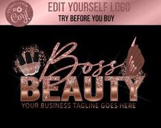 the logo for boss beauty is shown in pink and gold glitter on a black background