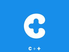 the c + + logo is shown in white on a blue background with an orange cross