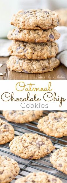 oatmeal chocolate chip cookies stacked on top of each other in front of a cooling rack