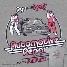 a grey shirt with an image of two men in front of a car and the words automotive repair for the perfect tune - up