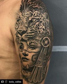 a man's arm with a black and grey tattoo design on it, featuring a woman and a cheetah